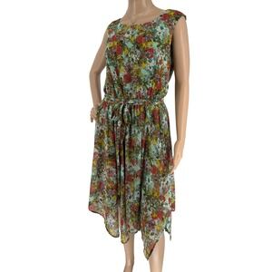 Floral Handkerchief Hem Dress Green Red Yellow Pixie Fairycore Belted Size 12